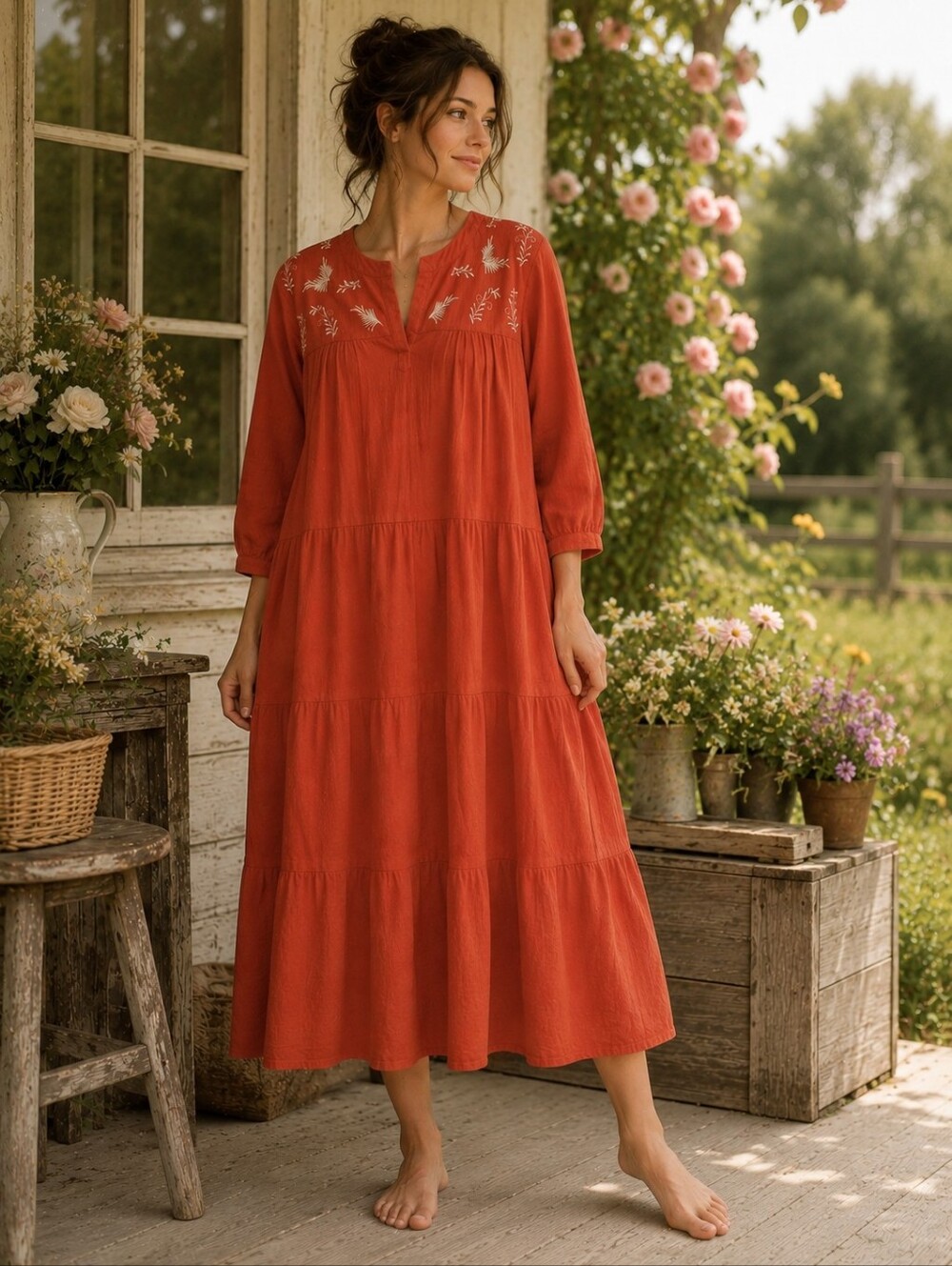 Embroidered Rust Tiered Midi Dress — Relaxed V-Neck